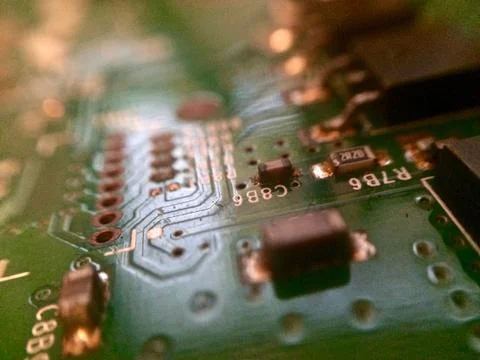Circuit board with surface mounted devices selective focus at oblique angle Stock Photos
