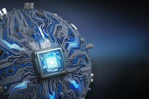 Circuit board system chip with core processor. Spherical computer motherboard Foto stock