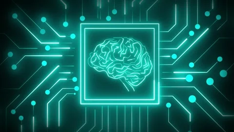 Circuit board tech animation displays cyan neon brain icons on lines. Board.. Stock Footage 341129365