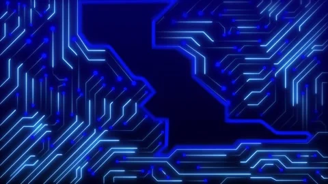 Circuit board technology animation features blue neon nodes on dark. Board .. Stock Footage 341128982