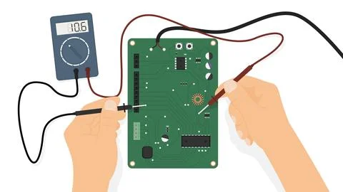 Circuit Board Testing with Multimeter - Electronics Diagnostics Concept Stock Illustration
