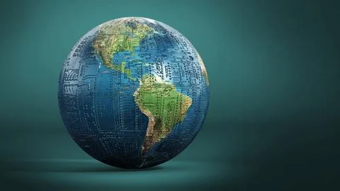 Circuit board textured earth on dark surface. 3D illustration Illustrazione stock