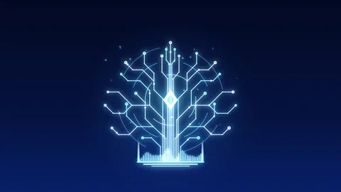 Circuit board tree glowing digital technology animation representing electron Stock Footage 348064644