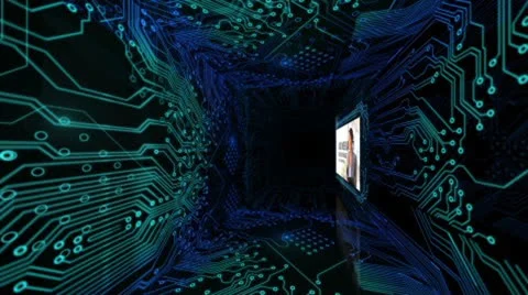 Circuit board tunnel with media Stock After Effects
