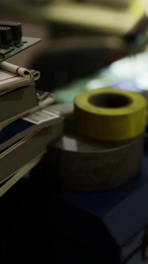 Circuit boards and tools on a workbench during a late night electronics project Stock Footage 327777830
