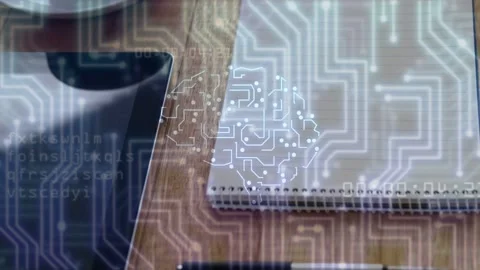 Circuit brain appearing triggers pen emerging and notepad shifting, visualizing Stock Footage 334744252