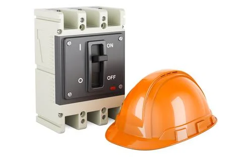 Circuit breaker with orange hard hat, 3D rendering Stock Illustration