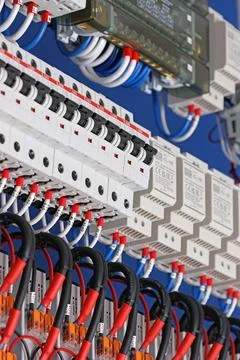 Circuit breakers from ABB to protect electrical loads from short-circuiting. Stock Photos