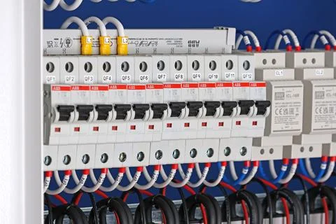 Circuit breakers from ABB to protect electrical loads from short-circuiting. Stock Photos