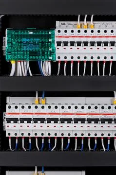 Circuit breakers from ABB to protect electrical loads from short-circuiting. Stock Photos