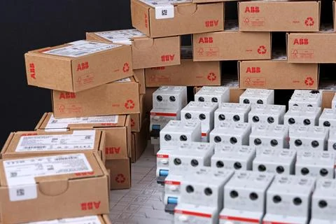 Circuit breakers from ABB to protect electrical loads from short-circuiting. Stock Photos