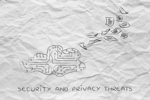 Circuit cloud with documents flying out, security risks Stock Illustration