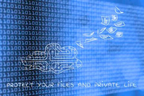 Circuit cloud with documents flying out, security risks Stock Illustration