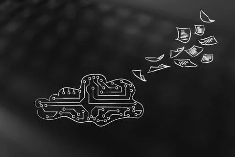 Circuit cloud with documents flying out, security risks Stock Illustration