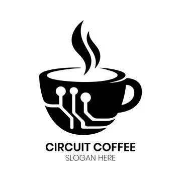 Circuit Coffee Tech Logo Design with Steaming Cup and PCB Lines Stock Illustration