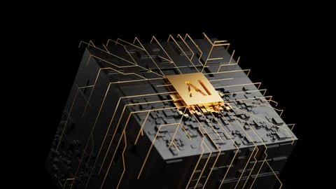 Circuit cube board with gold AI chip. Central Computer Processors CPU concept Illustrazione stock