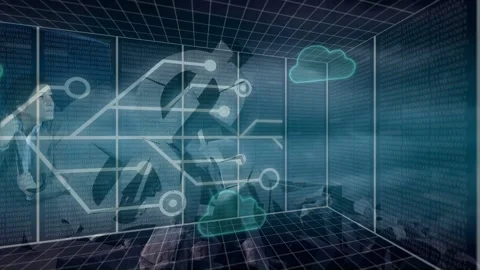 Circuit drawing itself, spawning clouds and gear, faint woman emerging, crossing Stockbeeldmateriaal 335235697