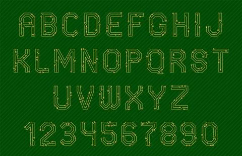 Circuit font. Techno elements alphabet, microcircuits letters and numbers Stock Illustration