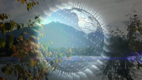 Circuit globe appearing over autumn lake rotating eastward as binary code Stock Footage 312240762