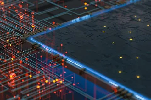 Circuit with glowing lines with dark background, 3d rendering. 스톡 사진