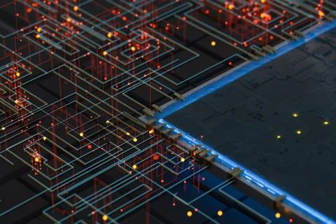 Circuit with glowing lines with dark background, 3d rendering. Stock Photos