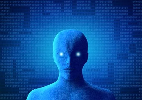 Circuit human with binary code on blue background. Artificial intelligence hi イラスト素材