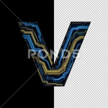 Circuit letter v logo with glowing blue and gold data lines, cyberpunk alpha PSD Template