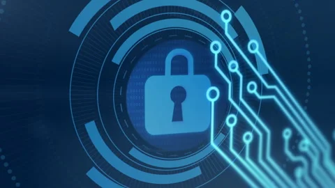 Circuit lines emerging from center, rotating rings enclosing padlock pulsing Stock Footage 311225626