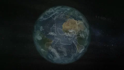 Circuit lines fading in causing hologram skull and crossbones tracing on Earth Stock Footage 317264917