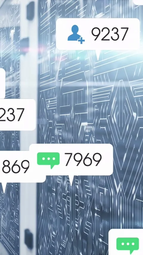 Circuit panel receiving metrics feed, animating icon-count callouts to visualize Stock Footage 332806374