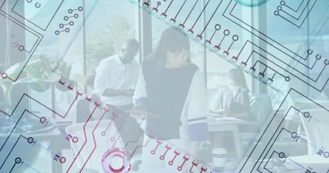 Circuit pattern animation over diverse professionals working in modern office Stock Footage 304203103