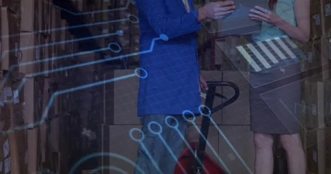 Circuit-pattern graphics animating aisle, man pointing tablet and woman tapping Video stock 317869406