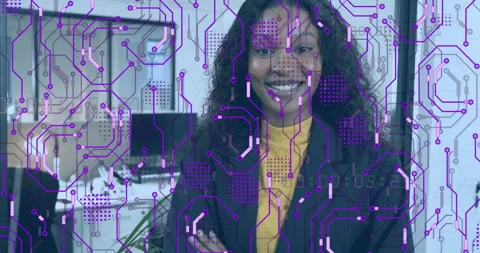 Circuit-pattern overlay animating tech zooming woman crossing arms and smiling Stock Footage 315507869