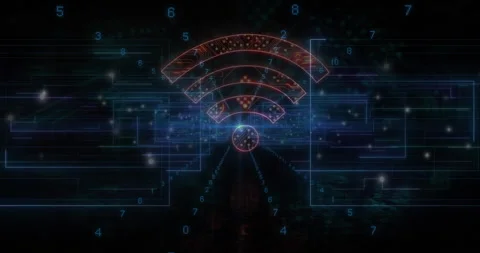 Circuit-pattern Wi-Fi icon floating above dark 3D circuit network, glowing nodes Stock Footage 307434152