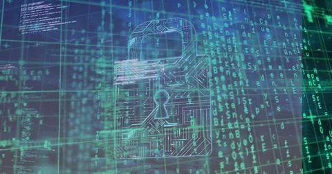 Circuit-patterned padlock icon glowing in cyberspace, with grid lines, syntax 스톡 사진