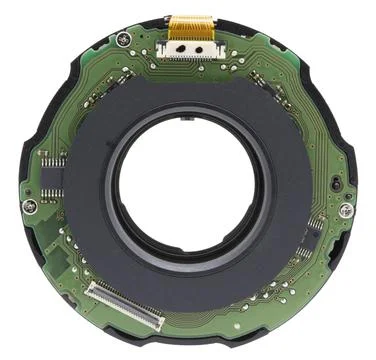 Circuit on ring  of camera lens isolated on white background Stock Photos