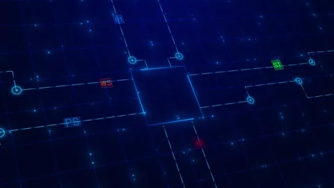 Circuit routing grid interface visual blue square center, glowing paths, labeled Stock Footage 340558073
