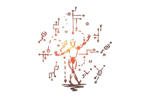 Circuit, technology, robot, data, android concept. Hand drawn isolated vector Stock Illustration