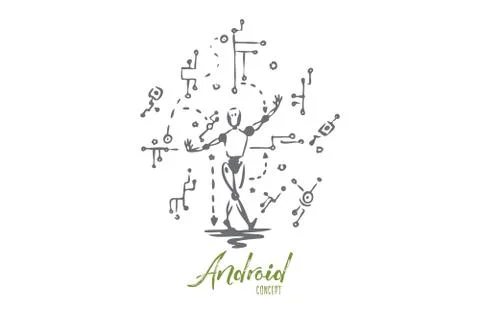 Circuit, technology, robot, data, android concept. Hand drawn isolated vector Stock Illustration