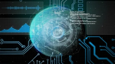 Circuit traces extending from top starting data, stylized Earth rotating, HUD Stock Footage 335739195