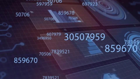 Circuit traces fading in, panels adding axes, bars rising, numbers floating near Stock Footage 309893843
