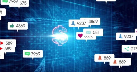 Circuit traces forming hexagon adding social bubbles around pink dollar sign Stock Footage 314709210
