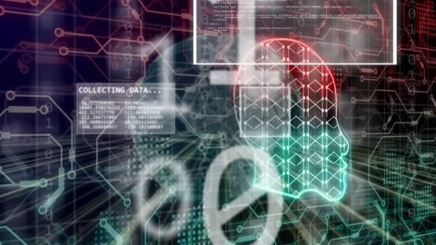 Circuit traces powering up, neon head icon pulsing, UI panels sliding, Stock Footage 334351818