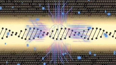Circuitry streams emerging, central data band pulsing, brain icon glowing, Stock Footage 334338044