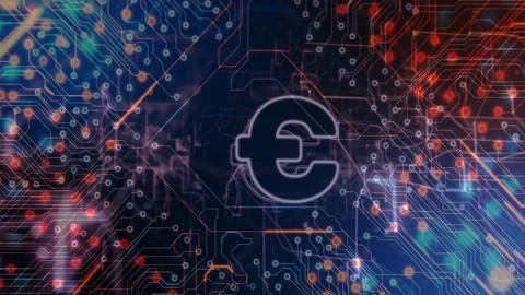 Circuits rising and node lights pulsing driving € glowing and streaming fintech Stock Footage 330236897