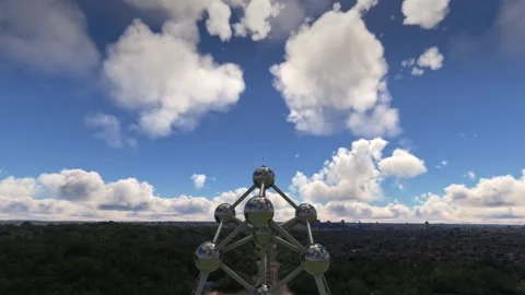 Circular aerial drone view of the Atomium structure in Brussels in Belgium Video stock 265385242