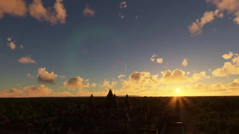 Circular aerial drone view at sunset of Angkor Wat Temple. Cambodia Stock Footage 241836642