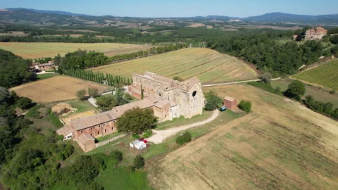 Circular aerial view of the Abbey of San Galgano in Tuscany. Stock-Footage 249955865