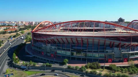 Circular aerial view centered on the eagle statue, symbol of the Sport Lisboa e Stock Footage 318591436