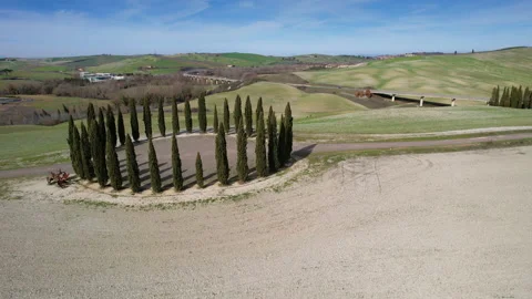 Circular aerial view of cypress ring in Val D'Orcia. Stock Footage 171067397